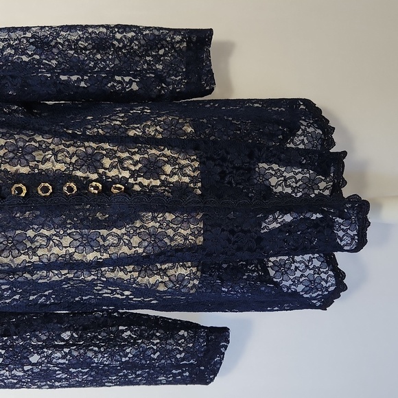 Beautiful U Women's Navy Blue Crochet Lace Scalloped Hem Button Front Cardigan L - Picture 3 of 15